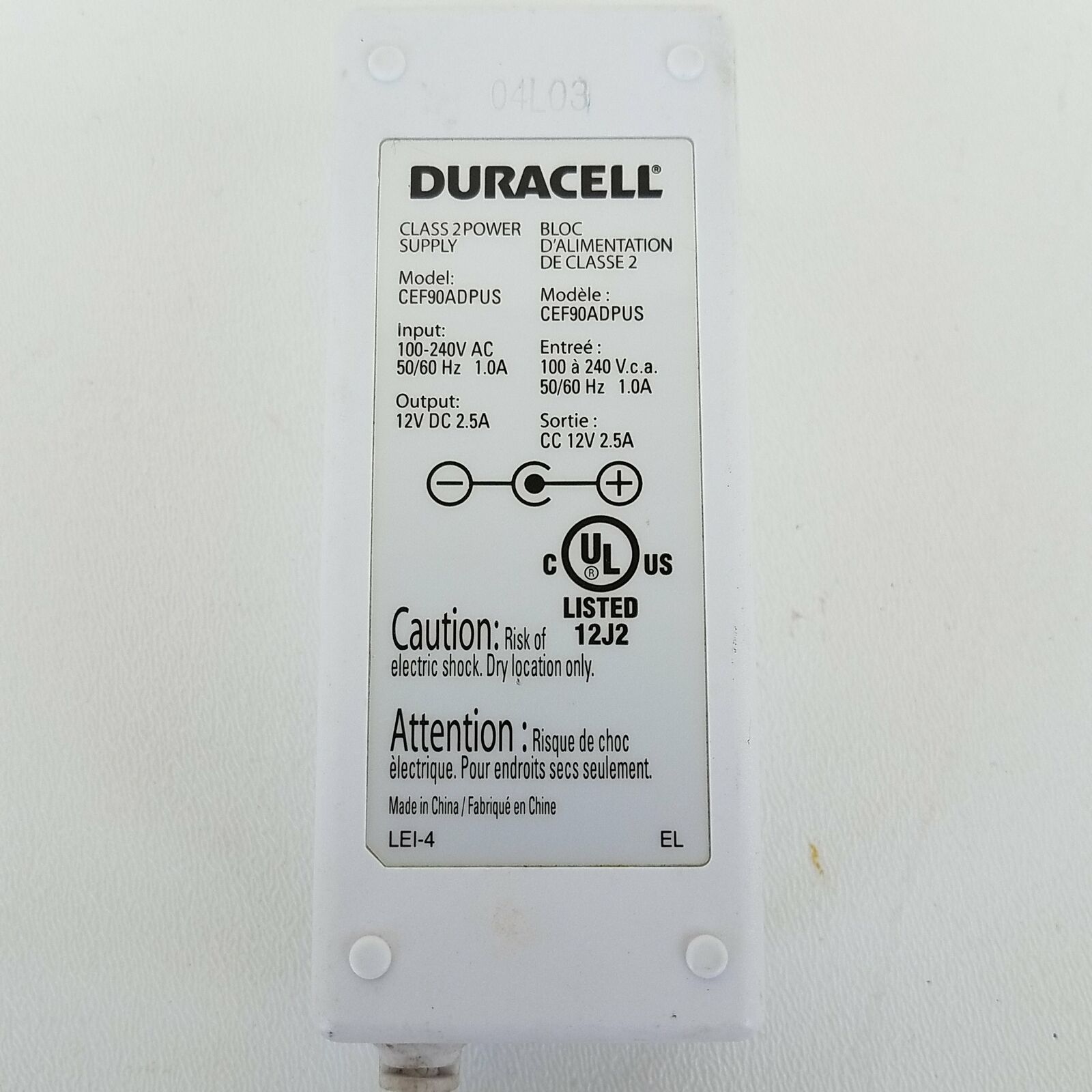 New Duracell CEF90ADPUS Class 2 Power Supply Adapter 12VDC 2.5A